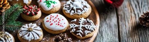 Festively decorated cookies arranged on a wooden platter with pinecones, perfect for holiday celebrations and gatherings.