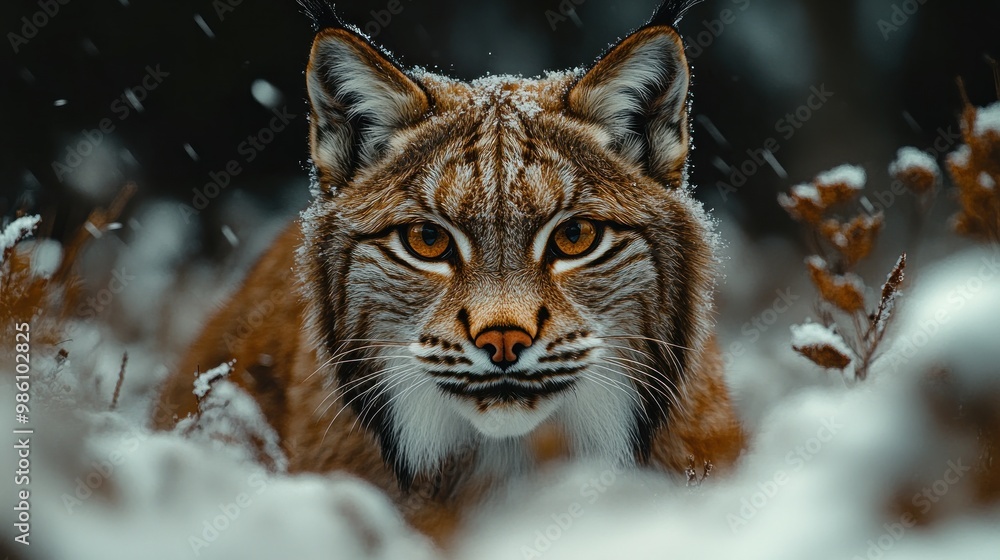 Obraz premium A lynx prowls through a snowy landscape, showcasing its striking features.