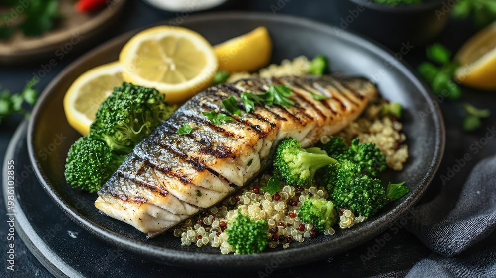 Grilled fish served with quinoa, broccoli, and lemon slices, creating a healthy and vibrant meal option. Grilled fish served with quinoa, broccoli, and lemon slices, creating a healthy and vibrant meal option.