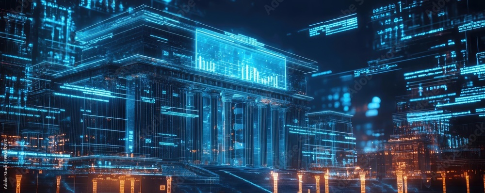 A futuristic digital cityscape with neon light architecture and holographic displays, representing technology and innovation. A futuristic digital cityscape with neon light architecture and holographic displays, representing technology and innovation.