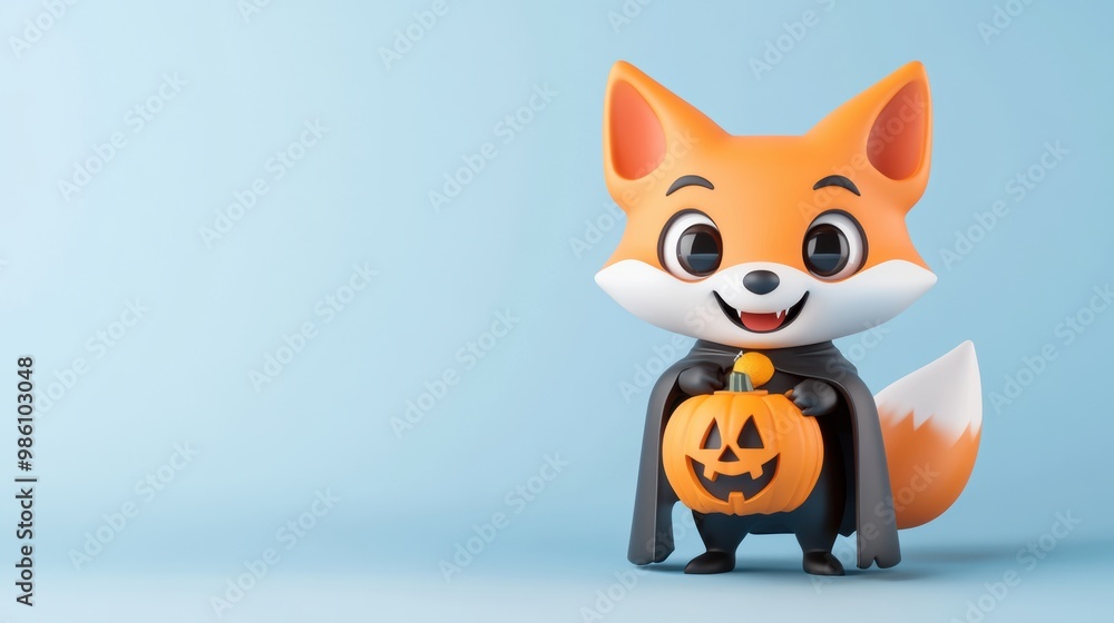 Cute Cartoon Fox in Halloween Pumpkin Costume on Autumn Background Cute Cartoon Fox in Halloween Pumpkin Costume on Autumn Background