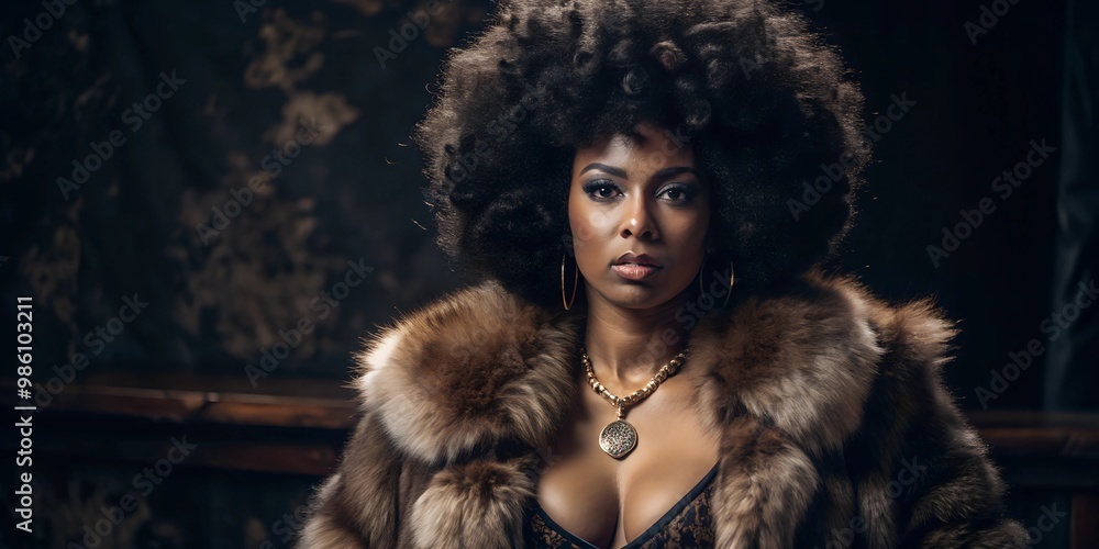 A woman from the 70s with afro hair and a fur coat A woman from the 70s with afro hair and a fur coat