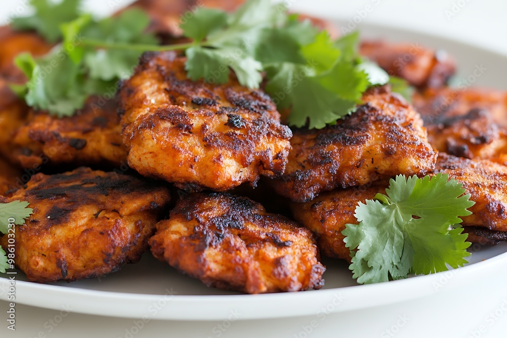 Crispy golden fritters garnished with cilantro on simple white plate Crispy golden fritters garnished with cilantro on simple white plate