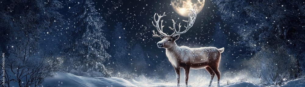 A majestic reindeer stands in a snowy landscape, illuminated by a soft, mystical glow, creating a serene winter scene. A majestic reindeer stands in a snowy landscape, illuminated by a soft, mystical glow, creating a serene winter scene.