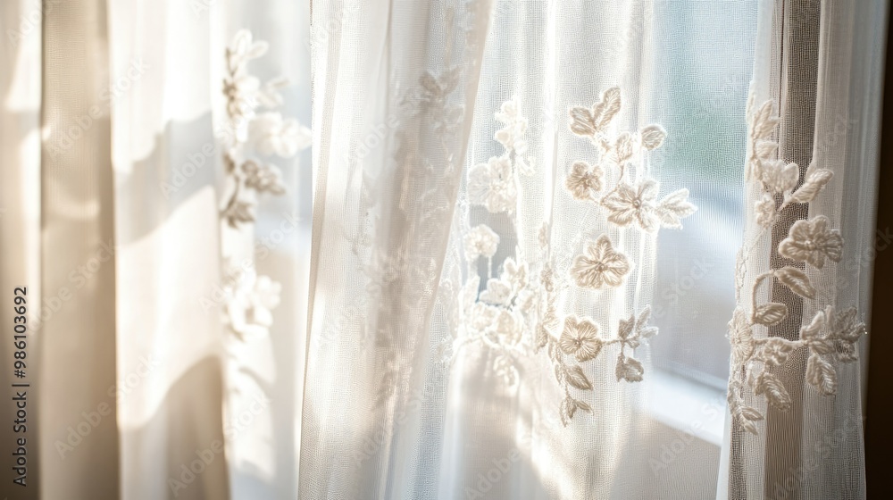 A close-up of sheer curtains with delicate embroidery, adding an elegant and feminine touch to the room. A close-up of sheer curtains with delicate embroidery, adding an elegant and feminine touch to the room.