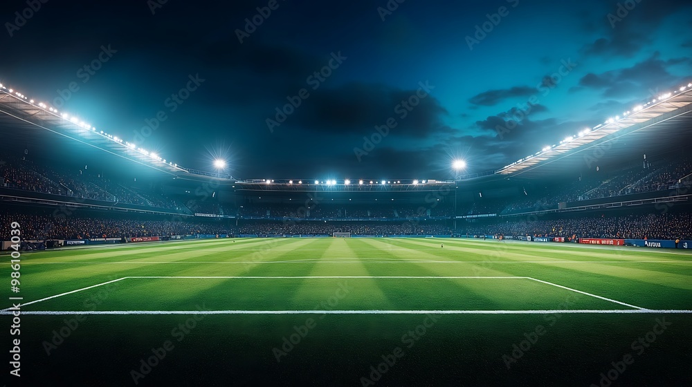 Brightly lit football soccer stadium at night, featuring a green field and grandstands, perfect for sports events, competitions, and live broadcasts. Brightly lit football soccer stadium at night, featuring a green field and grandstands, perfect for sports events, competitions, and live broadcasts.