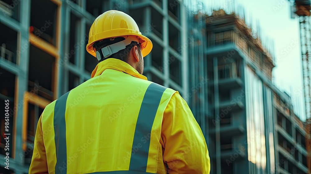 A construction worker in a bright yellow safety uniform and helmet inspecting a building site for safety compliance. A construction worker in a bright yellow safety uniform and helmet inspecting a building site for safety compliance.