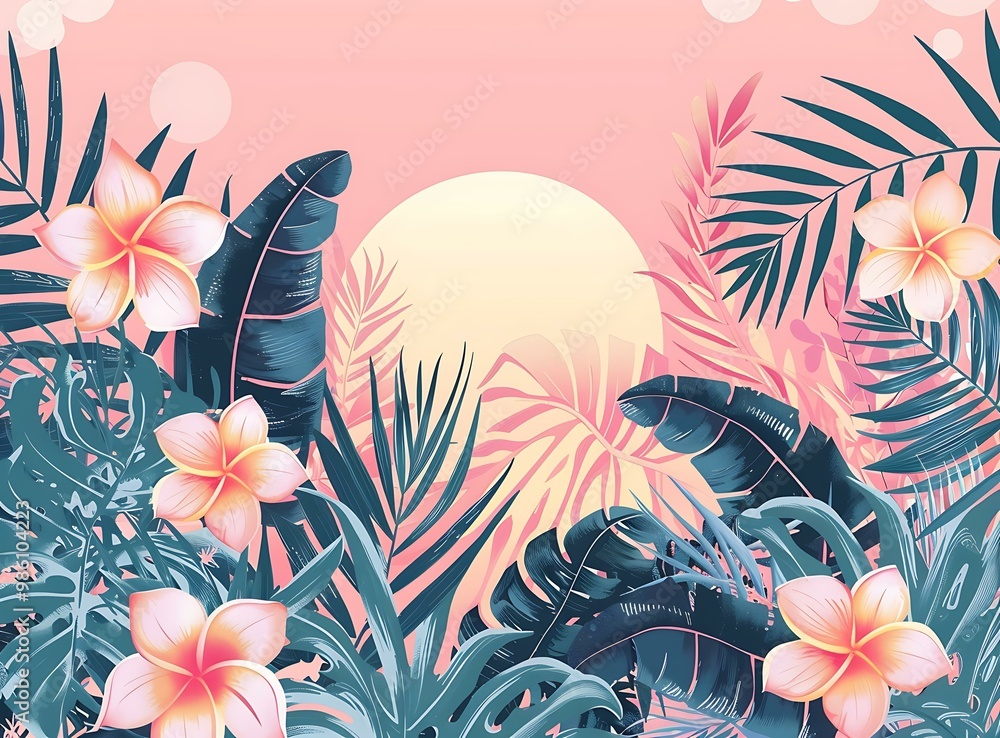 Naklejka premium Tropical Leaves and Flowers Illustration with Pink Background