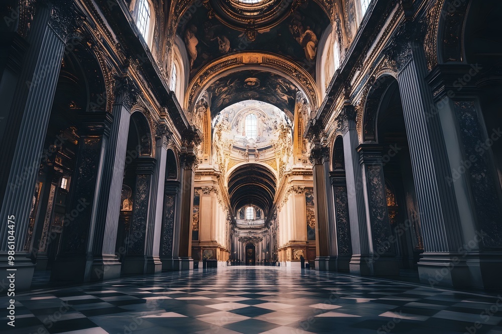Fototapeta premium Interior of a Church with Gold Decorations and Columns