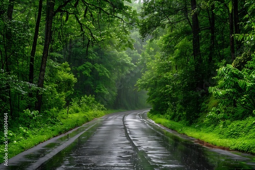 Rainy asphalt road in the forest with yellow line and rain drops