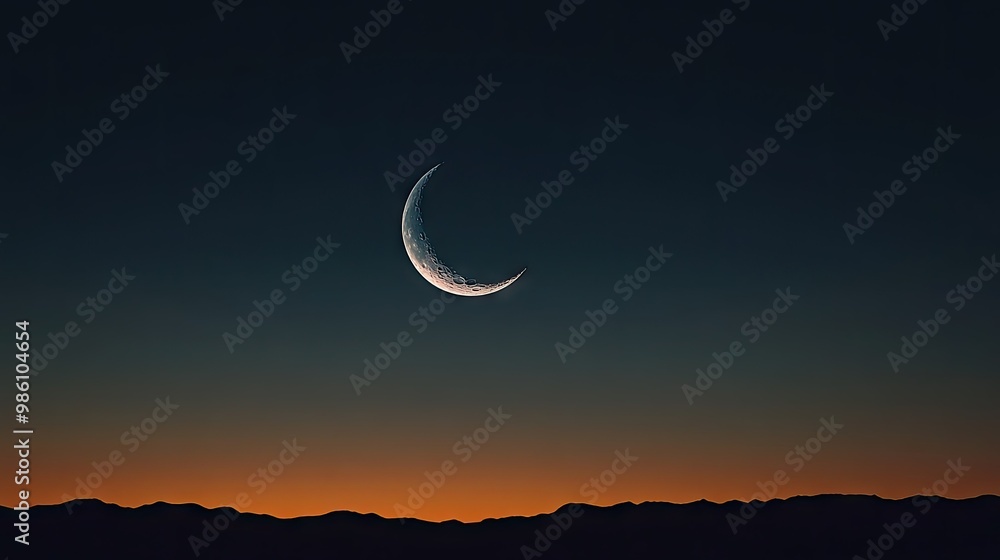 A crescent moon hanging low in the sky, with the faint outline of the rest of the moon visible in Earthshine. A crescent moon hanging low in the sky, with the faint outline of the rest of the moon visible in Earthshine.