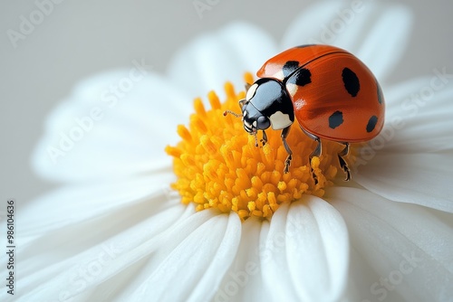 one white chamomile on white background, and a little ladybug sits on 