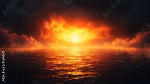 A beautiful sunset over the ocean with a bright orange sun