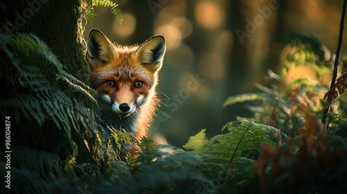 A fox peeking through ferns in a forest, showcasing wildlife in a serene environment.