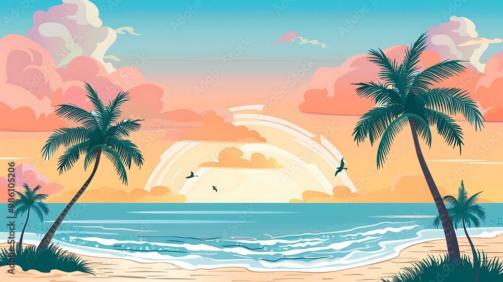 Fototapeta premium Tropical Beach Sunset Illustration With Palm Trees