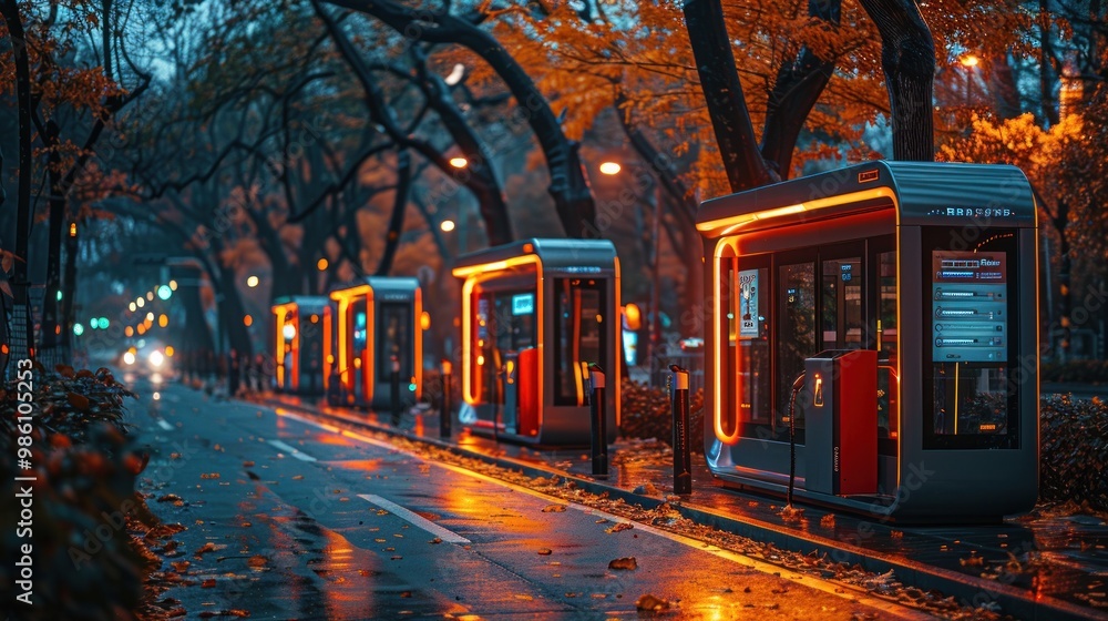 Fototapeta premium Autumn evening glow at modern bus stops amidst colorful foliage in a tranquil urban park. Generative AI