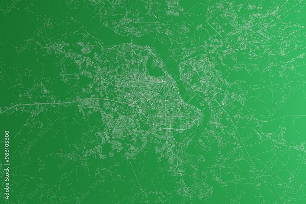 Map of the streets of Hanoi (Vietnam) made with white lines on green paper. Rough background. 3d render, illustration Map of the streets of Hanoi (Vietnam) made with white lines on green paper. Rough background. 3d render, illustration