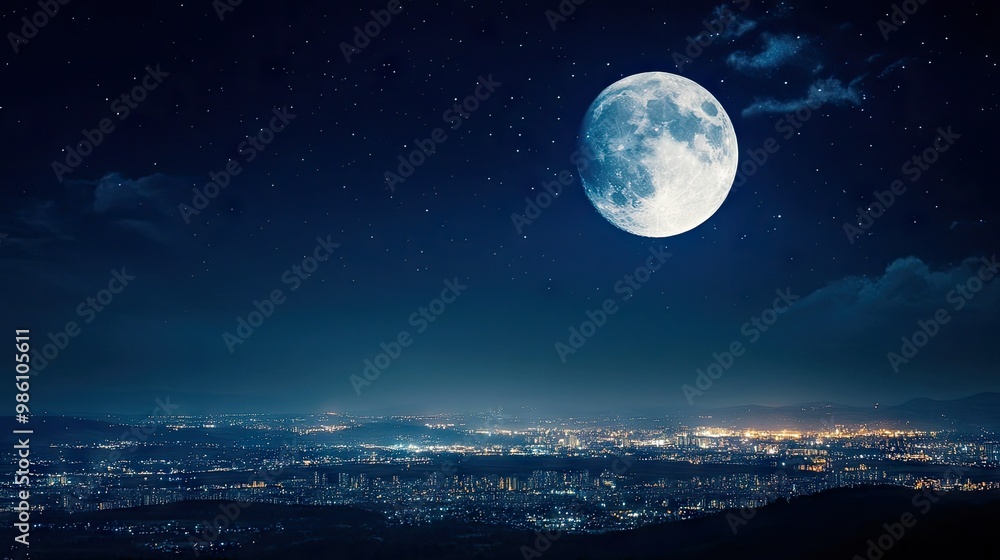 A full moon illuminating the night sky, with distant city lights glowing faintly below on the horizon. A full moon illuminating the night sky, with distant city lights glowing faintly below on the horizon.