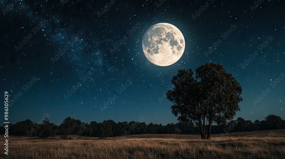A full moon shining brightly in a clear night sky, surrounded by twinkling stars over a quiet countryside landscape. A full moon shining brightly in a clear night sky, surrounded by twinkling stars over a quiet countryside landscape.