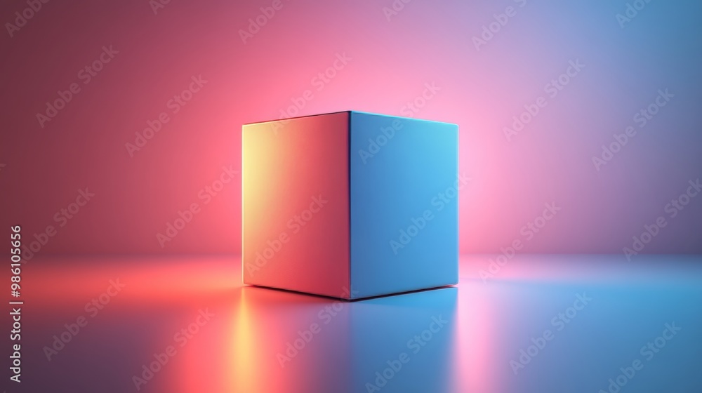 A white box is sitting on a table with a red and blue background A white box is sitting on a table with a red and blue background