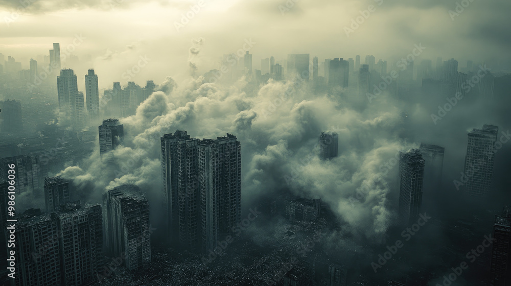 Fototapeta premium A city skyline shrouded in a thick cloud of smoke and ash, with buildings partially collapsed after a major earthquake, capturing the scale of destruction and the sense of despair.