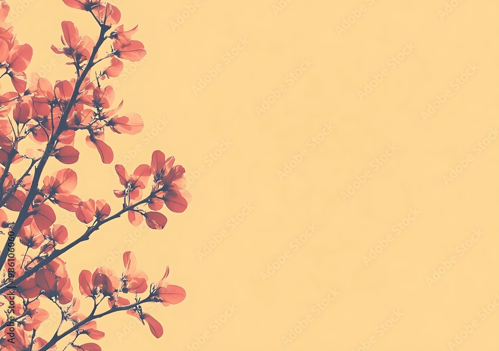 Fototapeta premium Branch of Red Leaves on Beige Background
