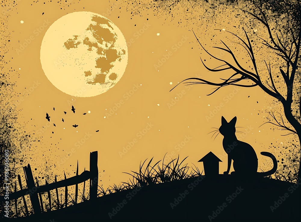 Naklejka premium Black Cat Silhouette Under Full Moon Night Sky