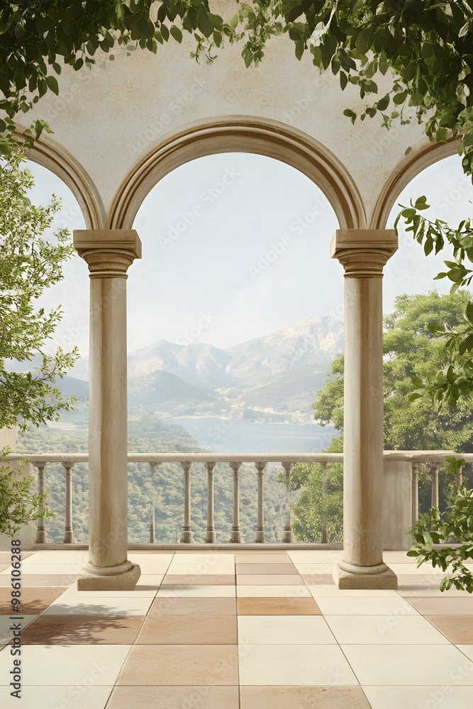 Fototapeta premium Stone Archway Balcony with Mountain View