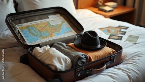 Generative AI, a suitcase with a map and a hat on top of it on a bed with a pillow and a pillow, liminal space, a tilt shift photo, postminimalism photo