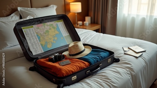 Generative AI, a suitcase with a map and a hat on top of it on a bed with a pillow and a pillow, liminal space, a tilt shift photo, postminimalism photo