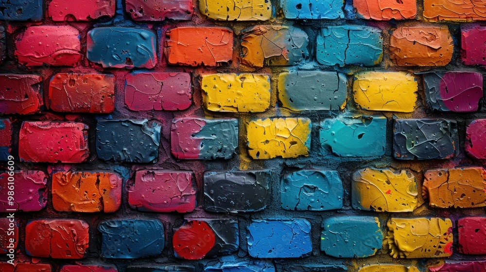 Vibrant mural of multicolored bricks creates an eye-catching urban art display in city alley. Generative AI Vibrant mural of multicolored bricks creates an eye-catching urban art display in city alley. Generative AI