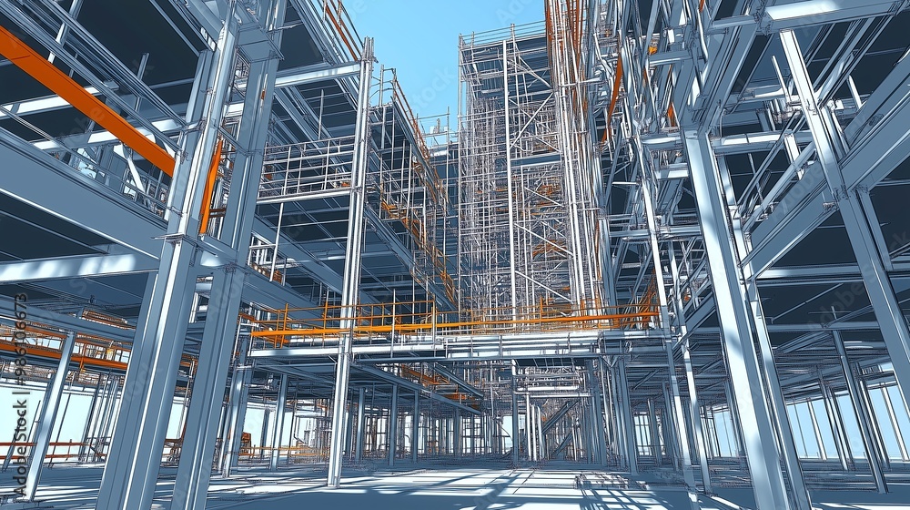 Scaffolding and High-Rise Construction: A 3D Vector Illustration of Workers and Building Progress Scaffolding and High-Rise Construction: A 3D Vector Illustration of Workers and Building Progress