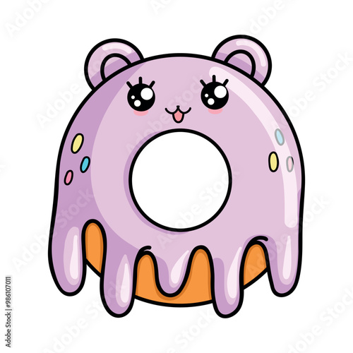 Funny purple cute donut with ears in kawaii style. Dessert isolated vector illustration