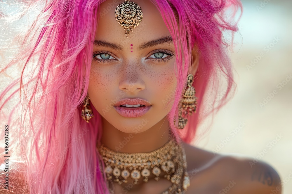 Fototapeta premium striking portrait of a beautiful young indian woman with vibrant pink hair set against a desert backdrop bold makeup and jewelry create a captivating cosmetic advertisement aesthetic