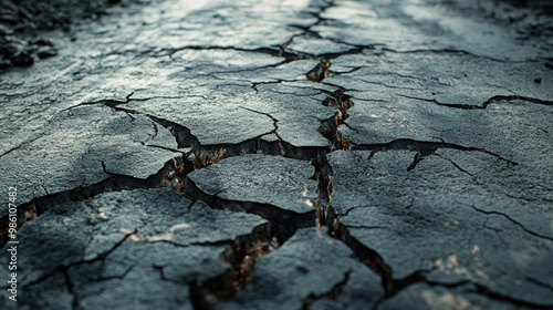 A close-up of a cracked and broken road after an earthquake, with deep fissures running across the pavement, symbolizing the earth's violent upheaval and the danger posed to infrastructure.