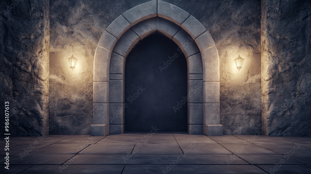 Fototapeta premium A dark stone archway illuminated by vintage lanterns, creating a mysterious and inviting entry to an unknown space.