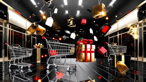 This sleek Black Friday background features floating shopping carts, gift boxes, and price tags with glowing light effects. A dark, glossy color palette of black, red, and gold creates a sense of exci photo