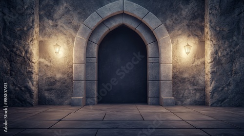 A dark stone archway illuminated by vintage lanterns, creating a mysterious and inviting entry to an unknown space.