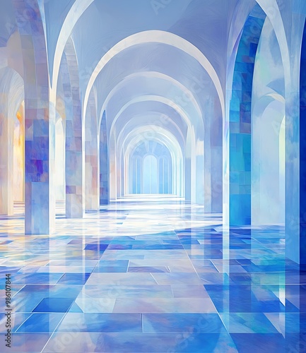 Abstract Arched Hallway with Light Blue Walls