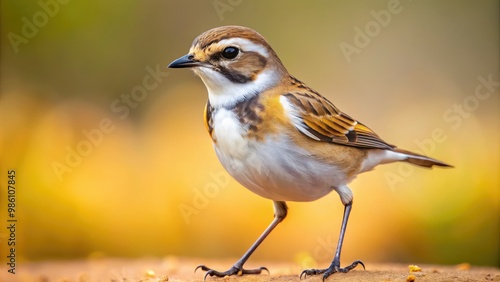 The camera focuses on the intricate details of the bird's feathers, a mottled brown and white pattern with a striking black stripe.