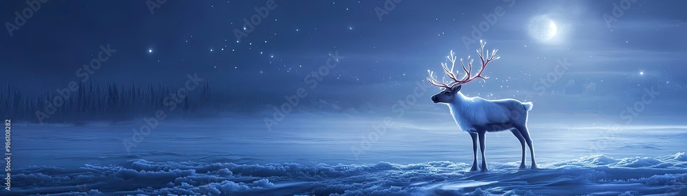 A serene winter landscape featuring a lone reindeer standing gracefully in the snow under a starry night sky. A serene winter landscape featuring a lone reindeer standing gracefully in the snow under a starry night sky.