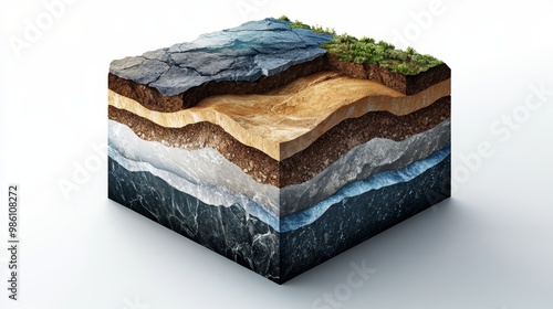 A cross-section of Earth showcasing different layers, including rock, soil, and vegetation, illustrating geological diversity. photo