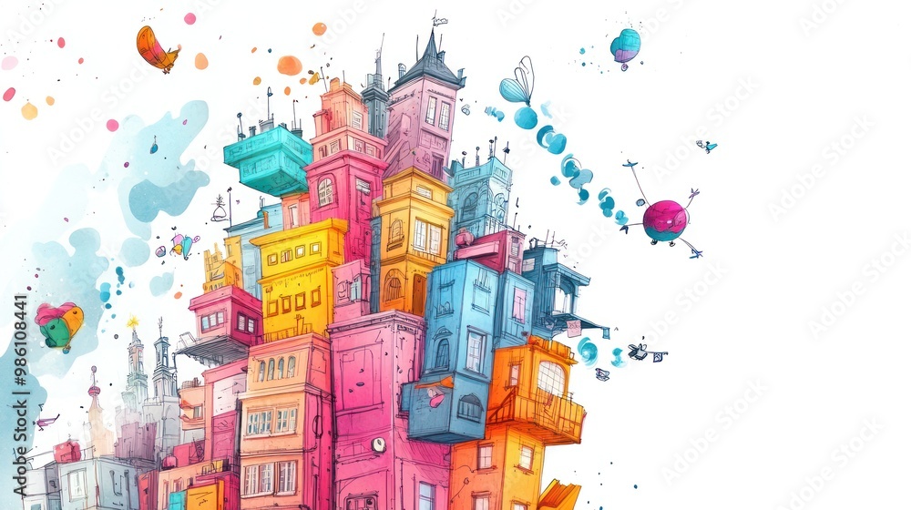 Naklejka premium A whimsical cityscape with colorful buildings and playful elements.