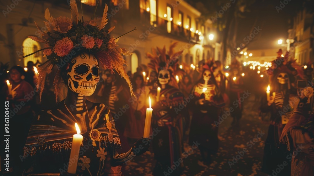 Fototapeta premium Day of the Dead Nighttime Procession with Traditional Skeleton Costumes and Candlelight Glow