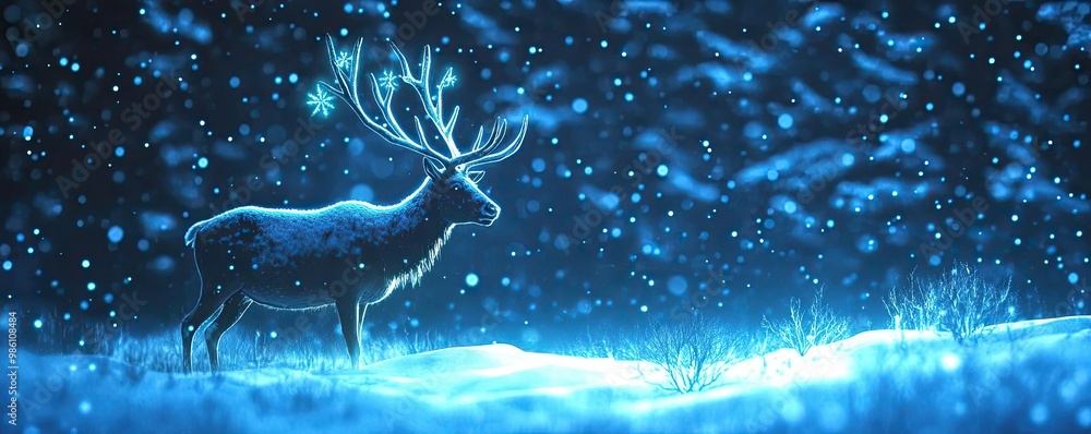 A majestic reindeer stands in a serene snowy landscape, illuminated by soft blue light amidst falling snowflakes. A majestic reindeer stands in a serene snowy landscape, illuminated by soft blue light amidst falling snowflakes.