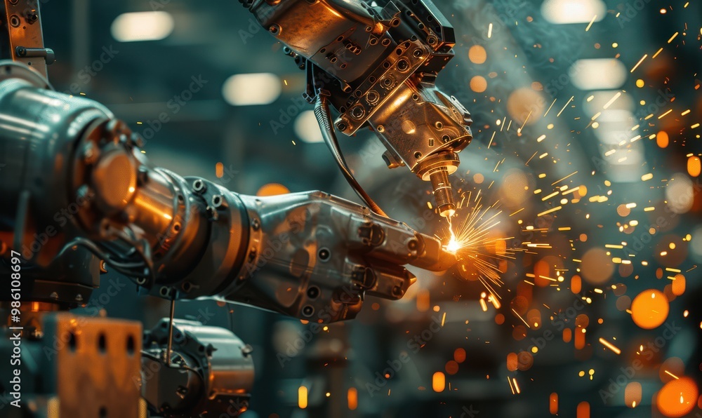 Industrial robotic arm welding metal with sparks in a factory setting. Industrial robotic arm welding metal with sparks in a factory setting.