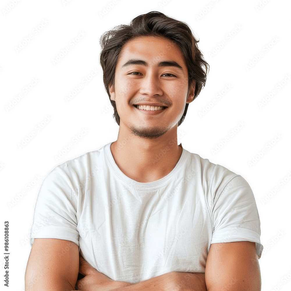 Handsome Asian Youth Posing in a White Shirt, On Transparent Background Handsome Asian Youth Posing in a White Shirt, On Transparent Background
