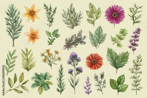 Illustration of a variety of herbs, flowers and spices in a harmonious set, conveying the beauty of nature and the richness of the plant world photo