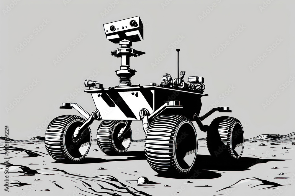 A space rover on the surface of an unknown planet, exploring a unique landscape with vibrant colors and unusual shapes A space rover on the surface of an unknown planet, exploring a unique landscape with vibrant colors and unusual shapes