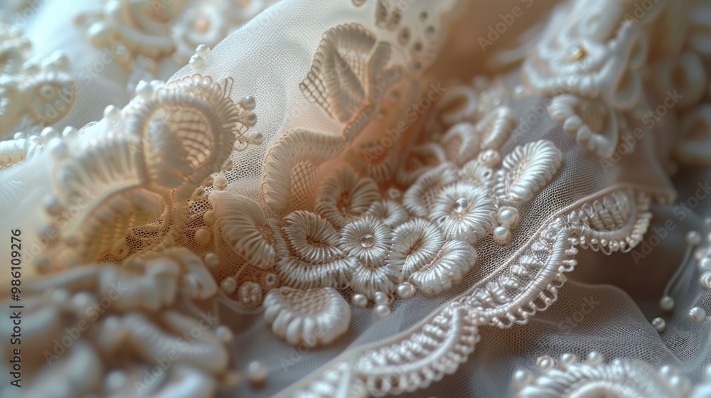 Delicate lace and intricate embroidery reveal timeless craftsmanship in soft fabric draped elegantly. Generative AI Delicate lace and intricate embroidery reveal timeless craftsmanship in soft fabric draped elegantly. Generative AI